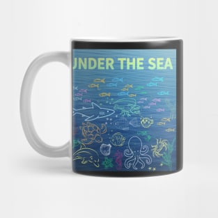 under the sea,blue sea,sea creatures,Turtle, puffer fish, starfish, shrimp, shark, tropical fish, sea horse, seaweed, sardines, squid, crabs, clams Mug